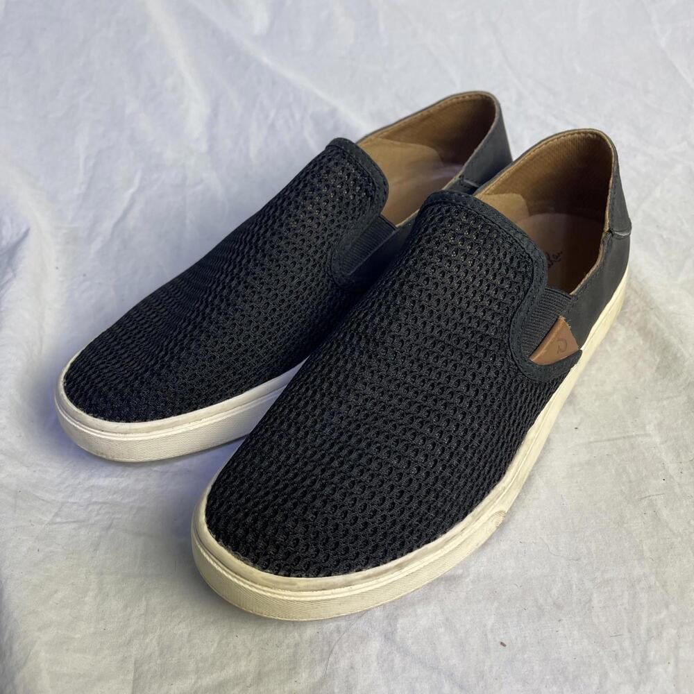OluKai Black Slip-On Knit Sneakers with White Sole